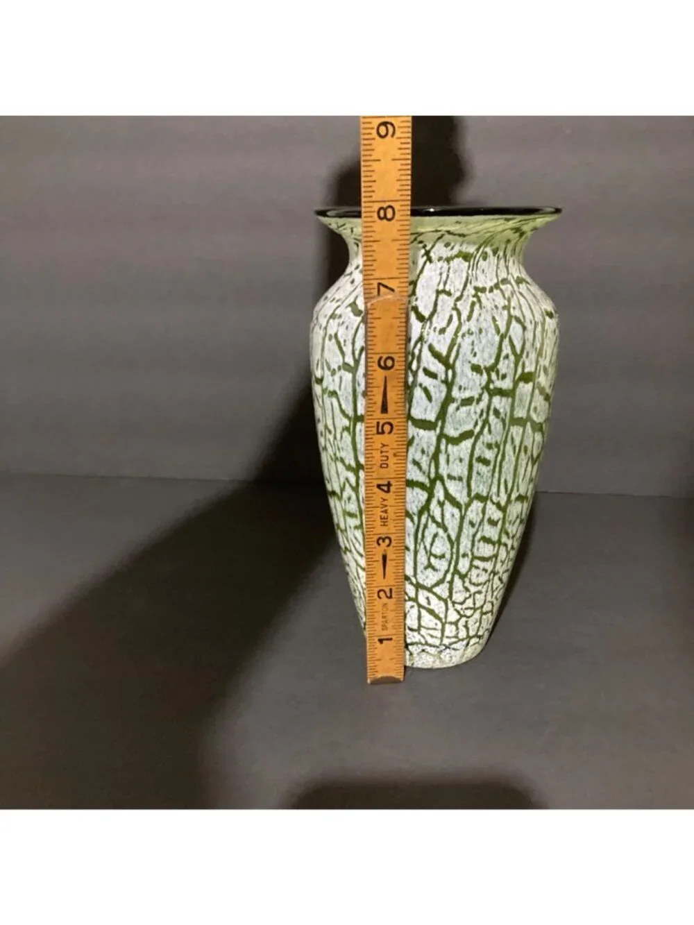 Hand Blown Green With White Crackle Overlay Vase